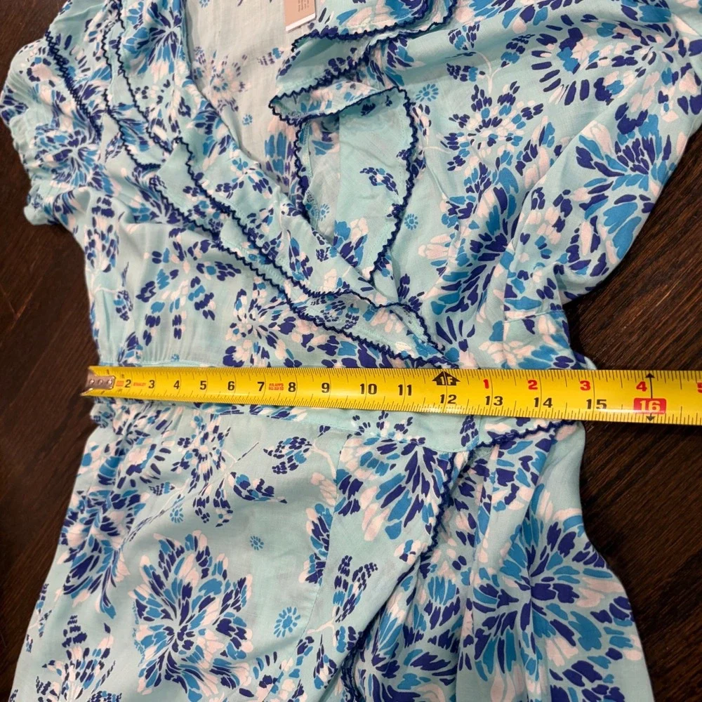 Poupette St Barth Aude‎ Mini Wrap Dress Womens Large Blue Floral Ruffle Viscose